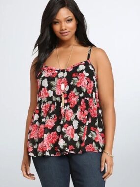 Torrid Black & Red Floral Rose Print Swing Top, Size 1